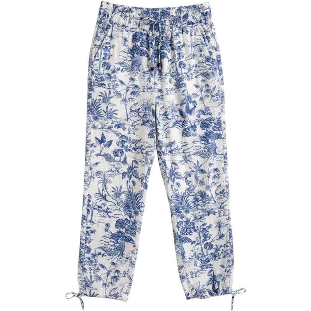 Nicole Miller Linen Blend Pants Women S Blue Toile Tropical Beachy Coastal